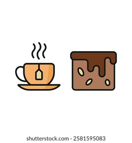 Tea mug drink and brownies food icons with a warm and comforting design, perfect for enhancing cafe, dessert, or relaxation-themed projects