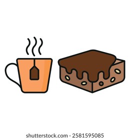 Tea mug drink and brownies food icons with a warm and comforting design, perfect for enhancing cafe, dessert, or relaxation-themed projects