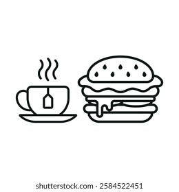 Tea mug drink and hamburger food icon illustrated in a playful cartoon style bursting with vivid colors and cheerful vibes