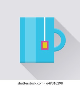 Tea mug flat icon. Blue mug with tea bag pocket, lunch time in the office, coffee break. Vector flat style cartoon illustration with long shadow on gray background. Business concept