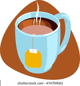 Tea mug with hot tea and tea bag. Isolated on brown background.