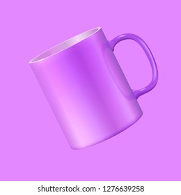 Tea mug hovers in the air. Ultra violet color 2018. Realistic vector 3d illustration.