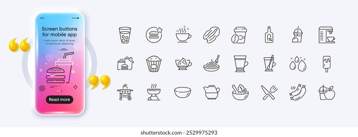 Tea mug, Ice cream and Pasta dish line icons for web app. Phone mockup gradient screen. Pack of Grill, Latte, Coffee cup pictogram icons. Espresso cream, Salad, Grilled sausage signs. Vector