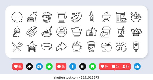 Tea mug, Ice cream and Pasta dish line icons pack. Social media: share, comment, like icons. Grill, Latte, Coffee cup web icon. Espresso cream, Salad, Grilled sausage pictogram. Vector