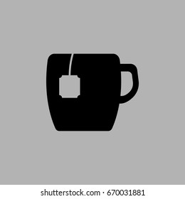 Tea mug icon. Drop shadow tea cup with teabag silhouette symbol. Cup of hot drink. Tea mug logo concept. Vector teacup isolated illustration