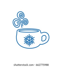 Tea mug icon lineart with curly vape and a snowflake, coffee cup vector outline, beverage symbol