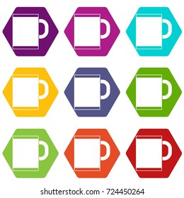 Tea mug icon set many color hexahedron isolated on white vector illustration