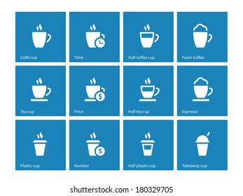 Tea mug icons on blue background. Vector illustration.