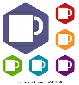 Tea mug icons set rhombus in different colors isolated on white background