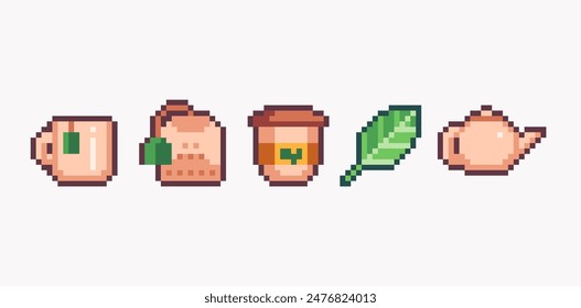 Té en la taza y la tetera pixel art set. Hojas de té y colección de bolsitas de té. 8 bits. Desarrollo de juegos, App móvil. Ilustración vectorial aislada. 