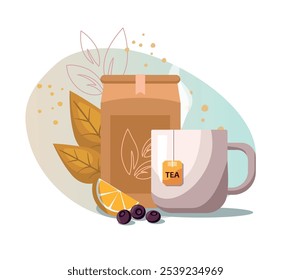 Tea mug, lemon and tea packaging on white background.