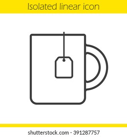 Tea mug linear icon. Thin line illustration. Hot drink. Contour symbol. Teacup with teabag logo concept. Vector tea cup isolated outline drawing