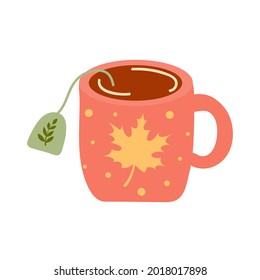 Tea mug with maple leaf pattern in a hand-drawn style. Vector illustration.