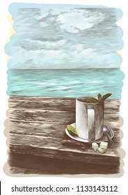tea mug with mint leaves on a saucer with a teaspoon standing on a wooden table on the background of the sea nearby is a tea bag and three pieces of sugar, sketch vector graphics color illustration