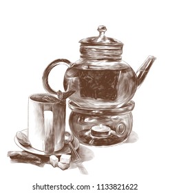 tea mug with mint leaves on a saucer with a teaspoon and a glass teapot with tea and decorative candles on the bottom side is a tea bag and three pieces of sugar, sketch vector graphics monochrome