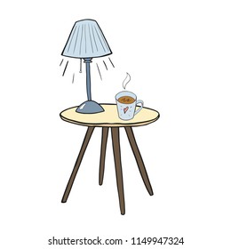 A tea mug on the table under lamplight, hand drawn vector painted lines on a white background. Vector sketch