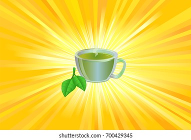 Tea mug on yellow light rays background vector
