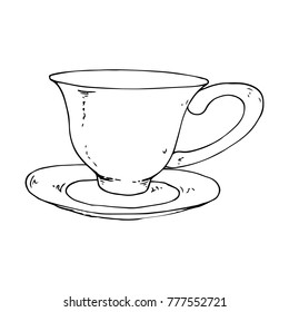 Tea mug with a saucer. Vector illustration of a tea cup and saucer. Hand drawn cup of tea with a saucer.