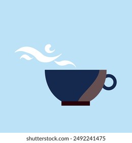 Tea mug with steam in flat style. Vector graphics