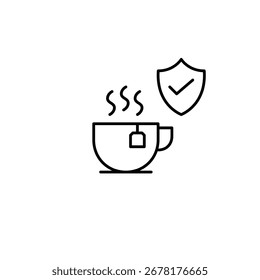 Chá em uma caneca, vapor, escudo e marca de seleção. Café e fornecedor confiáveis. Pixel perfeito, ícone de vetor de traçado editável