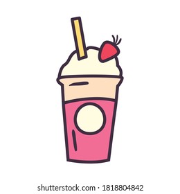 Tea mug with straw cream and strawberry line and fill style icon design, Time drink breakfast and beverage theme Vector illustration
