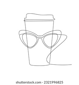 Tea mug sunglasses, coffee to go paper cup line continuous drawing. Fun doodle vector. Take away drink hand drawn icon. Minimal illustration, design, print, banner, card, poster, brochure, logo.