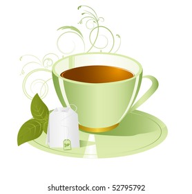 tea mug with teabag label and fresh peppermint