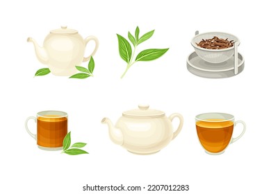 Tea Mug and Teapot with Hot Aromatic Beverage for Brewing Vector Set