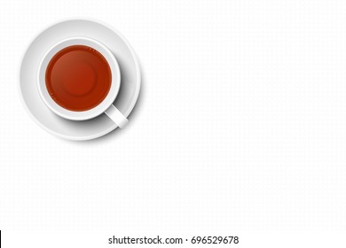 Tea in mug vector with copy space, isolated on white background. White mug and plate, white textured surface, top view, from above.
