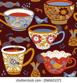 Tea mug vector texture pattern. Teatime Seamless pattern.
