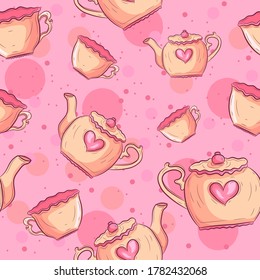Tea mugs and teapot seamless pattern. Pink baby background with pottery and hearts.