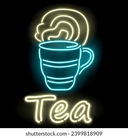 Tea Neon Sign with Text Glow on Dark Background - Vector Illustration with Neon Effect EPS10.
Neon sign with a cup of tea, vector, eps10, dark background, blue and yellow colors.