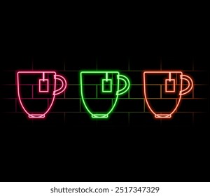 Tee-Neon-Zeichen mit Textglühen auf dunklem Hintergrund - Vektorgrafik mit Neon-Effekt EPS10. Neon-Zeichen mit einer Tasse Tee, Vektor, eps10, dunklem Hintergrund, blauen und gelben Farben.