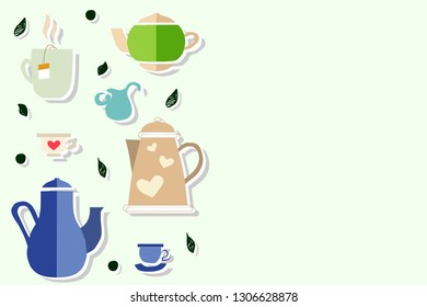 Tea objects on green background. Handdrawn cups of tea, kettles. Decorative tea leaves. Logotype, icon, badge. For restaurant poster, signboard, menu. Flatlay style. Vector illustration for banner.