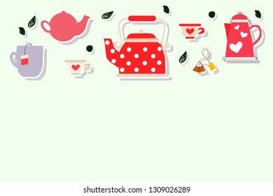 Tea objects on green background. Handdrawn cups of tea, red kettles. Decorative tea leaves. Logotype, icon, badge, label. For restaurant poster, signboard, menu. Flatlay style.