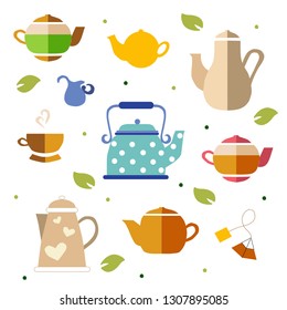 Tea objects pattern. For restaurant poster, signboard, menu. Flatlay style vector illustration.Handdrawn cups of tea, kettles. Decorative  leaves. Logotype, icon, badge, label. 