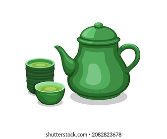 Tea on teapot and cup asian traditional healthy drink object set illustration vector