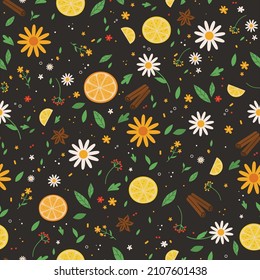 Ornamento de té. Patrón sin foco de flores, cítricos y hojas. Ilustración de dibujos animados a mano estilo floral para tela, papel pintado, textil 