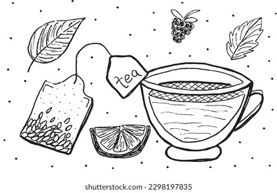 Imagen de la ilustración del contorno del té. 
Imágenes dibujadas a mano del té. 
Sencillo y lindo logotipo original de un té monocromo.
Ilustración vectorial dibujada a mano para afiches, tarjetas, camisetas.