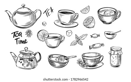 Tea outline set. Tea time. Doodle illustration.