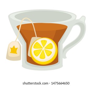 Tea pack with lemon in cup isolated hot drink fresh citrus and herbal beverage vector liquid and fruit slice brewing in glass with handle refreshment, and dishware morning breakfast or element