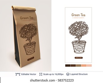 Tea package design. Paper package, sketch logo and color palette easy to edit.