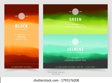 Tea package design template with misty mountain landscape and chinese style logo