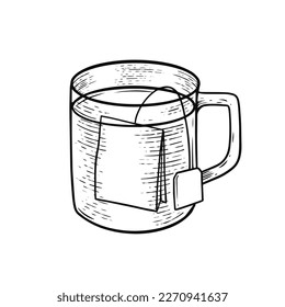 Tea from package in mug glass. Hand drawn black color outline engraving style vector illustration.