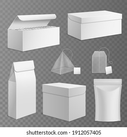 Tea package. Realistic paper rectangular white boxes and different tea bags with blank labels, 3d isolated zip packing, pyramid sachet. Empty containers for marketing branding vector template set