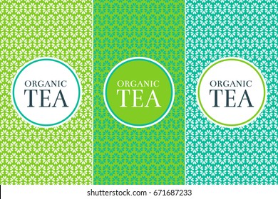 Tea Package set template vector. Nature green collection of seamless patterns for floral label design. Tag for organic products, eco herbal drinks, detox cafe and coffee shop.