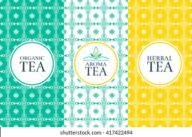 Tea package templates. Vector tea labels and tags - organic, herbal and aroma tea. Vector set of templates packaging tea with ethnic pattern background with ornamental design elements.