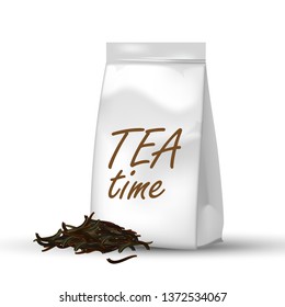 Tea Package, White Paper Bag 3D Vector Mockup. Package With Dried Green, Black Tea Isolated Clipart. Organic, Eco, Natural Herbs. Time. Plant Leaves, Twigs Realistic Illustration