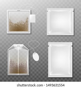 Tea packaging and tea bag isolated on transparent background. Realistic vector illustration.