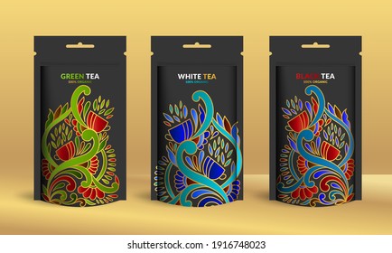 Tea packaging design with zip pouch bag mockup. Vector ornament template. Elegant, classic elements. Great for food, drink and other package types. Can be used for background and wallpaper.